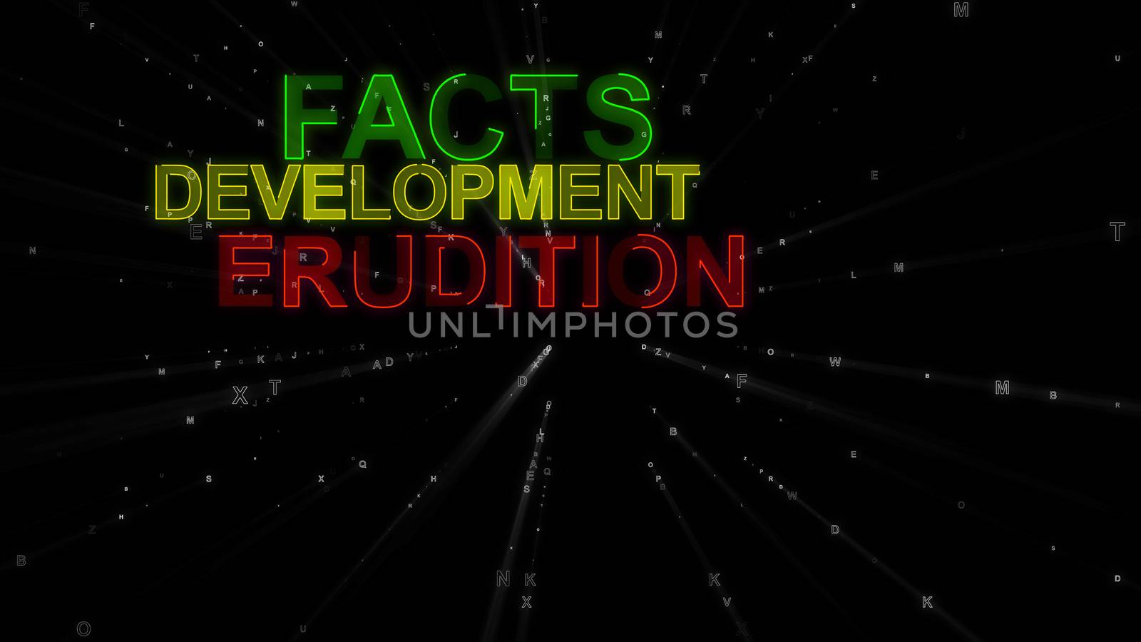 An encouraging 3d illustration of such concept words as facts, development and erudition. They are green, purple and violet in the dotted black backdrop. They instigate to achieve goals.