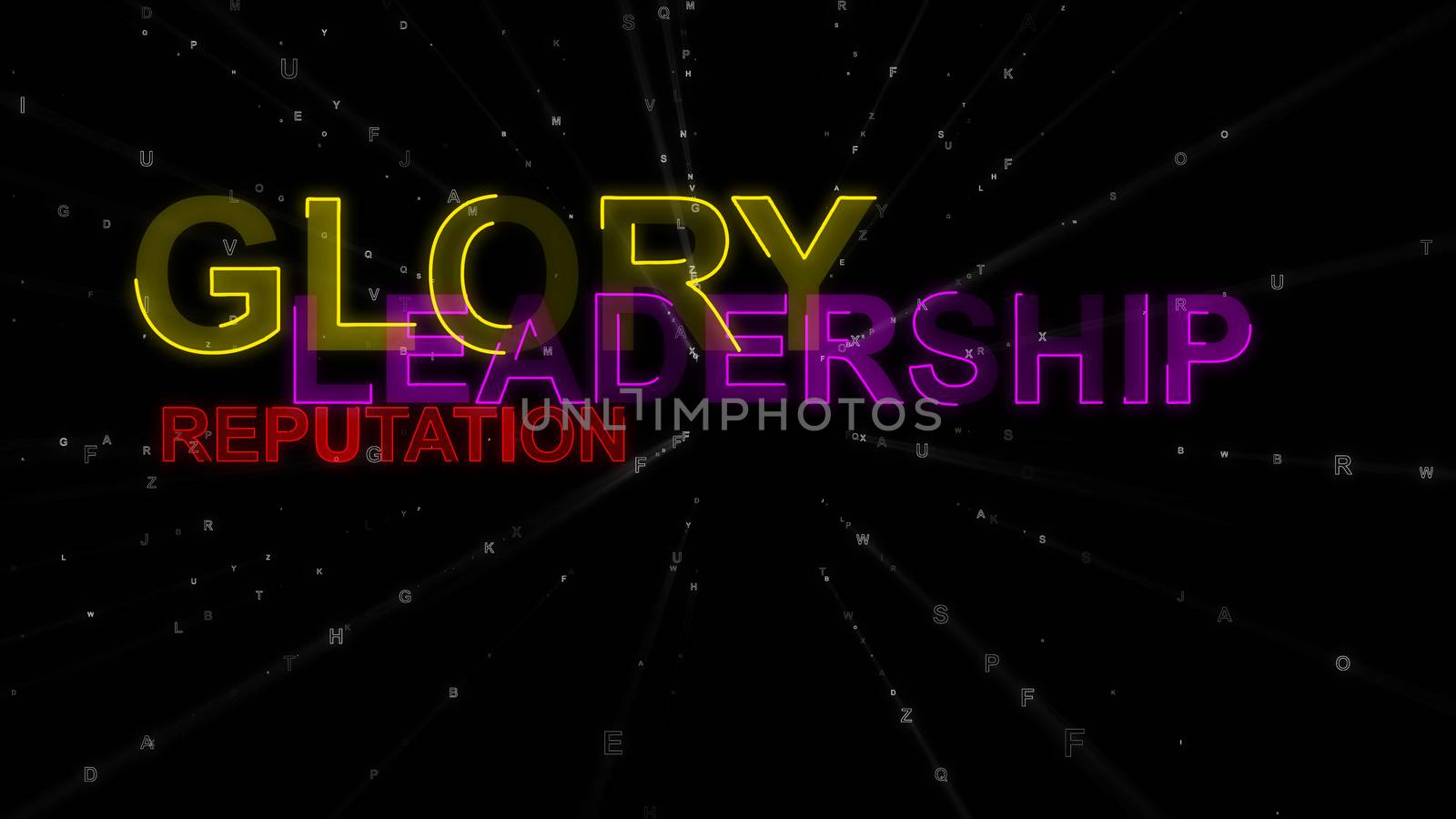 An optimistic 3d rendering of the following inspirational concept words: glory, leadership and reputation. They are yellow, red and violet in the spotted black backdrop. 