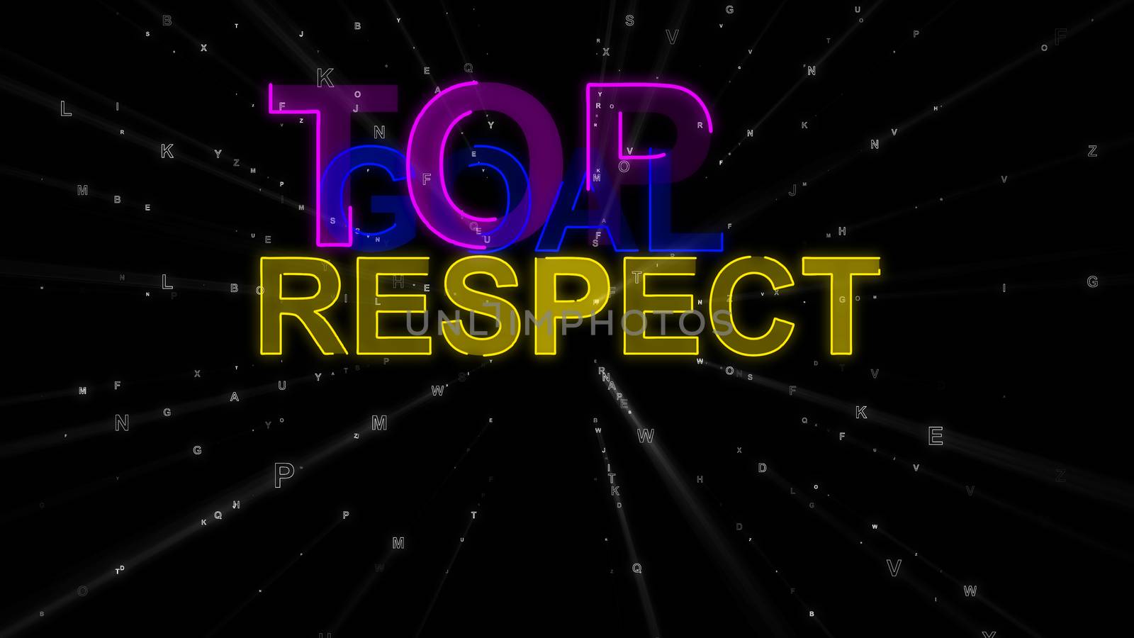 A cheerful 3d rendering of the following encouraging concept words: top, goal and respect. They are yellow, dark blue, and violet in the black background. They look optimistic.