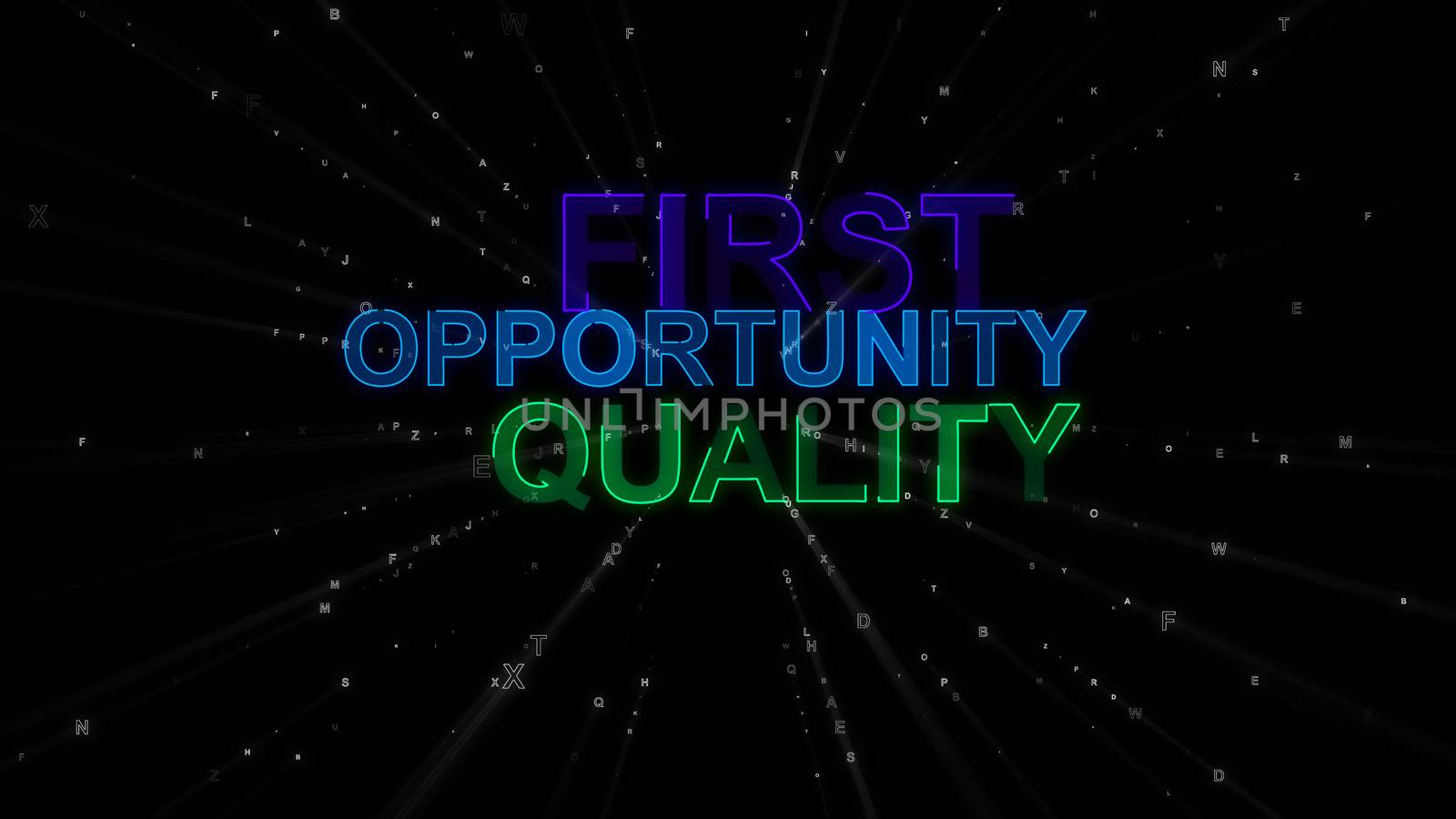 An optimistic 3d illustration of the following inspiring concept words: first, opportunity and quality. They are green, dark blue and violet in the spotted back background