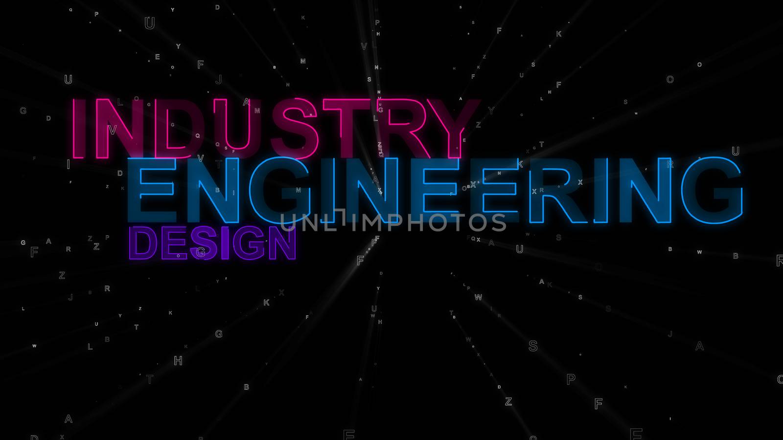 A motivational 3d rendering of such concept words as industry, engineering and design. They are purple, dark blue and violet in the spotted back background. They inspire to work.