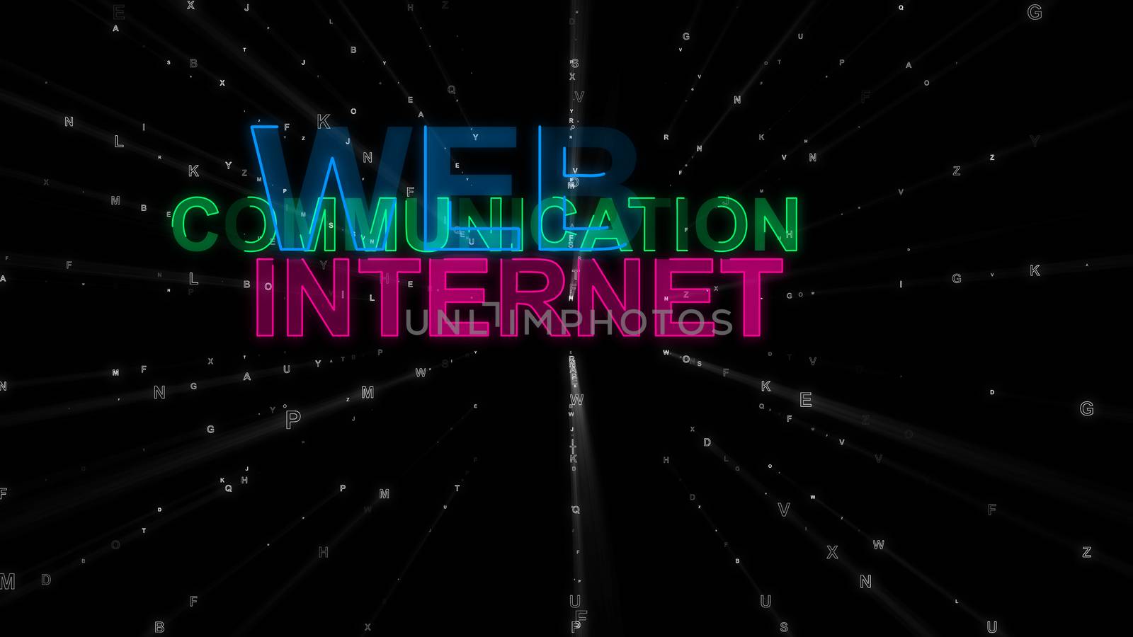 An arty 3d rendering of such concept words as web, communication and internet. They are purple, blue and green in the spotted black background. They inspire to surf the net.