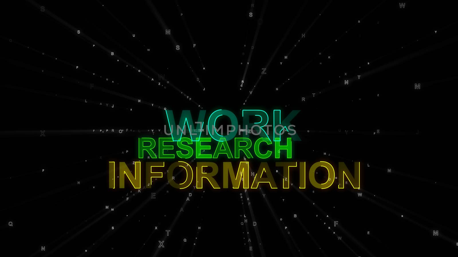 An impressive 3d illustration of such concept words as work, research and information. They are golden, salad and green in the spotted black background. They encourage to work.