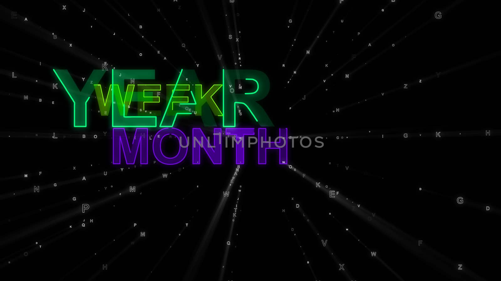 An effective 3d illustration of such concept words as year, week and month. They are violet, blue and green in the beaming black background. They remind about importance of planning.