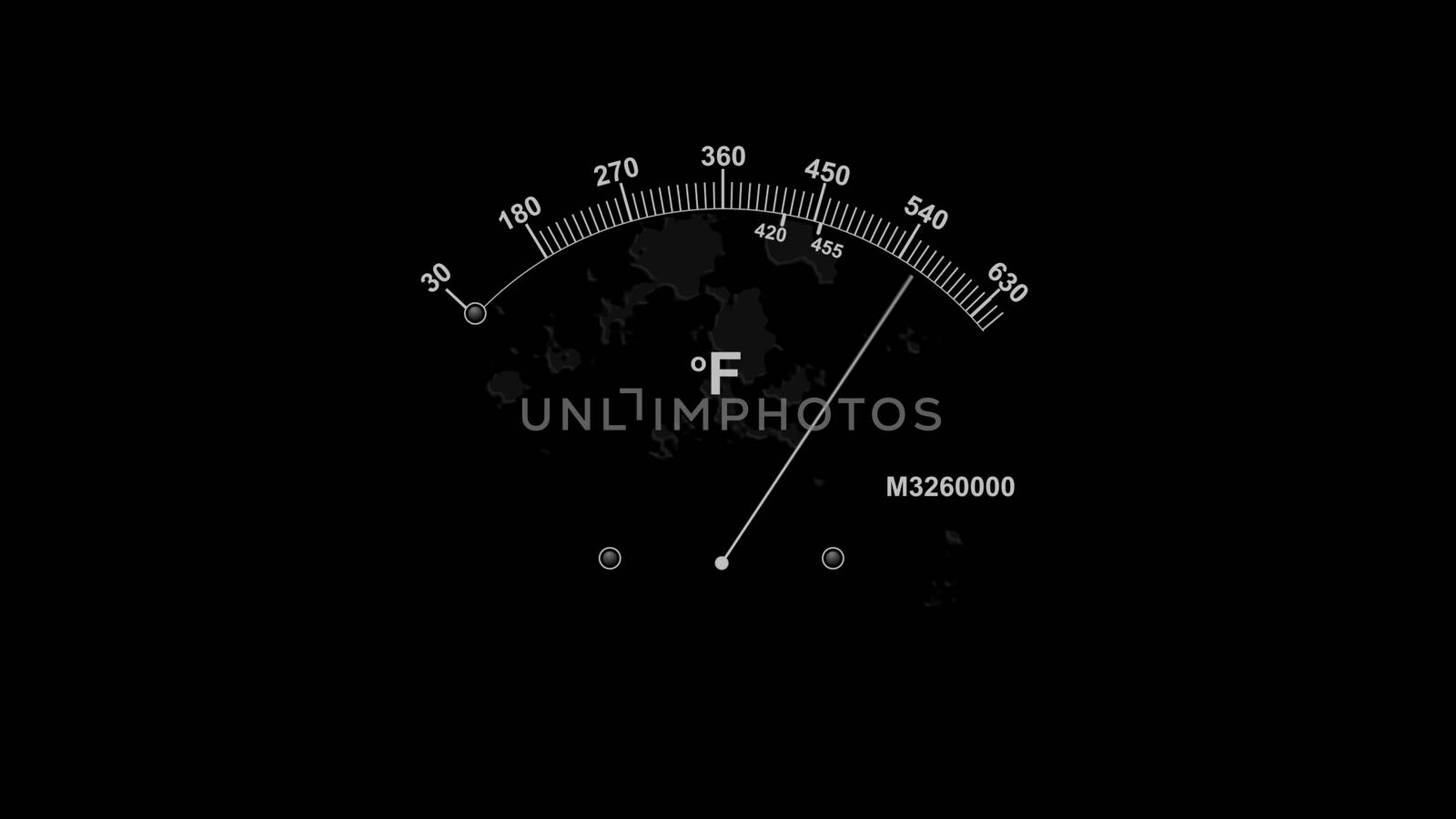 A vintage 3d illustration of a temperature gauge with a white long arrow and two indicating white lines with high numbers and Fahrenheit symbol in the black background.