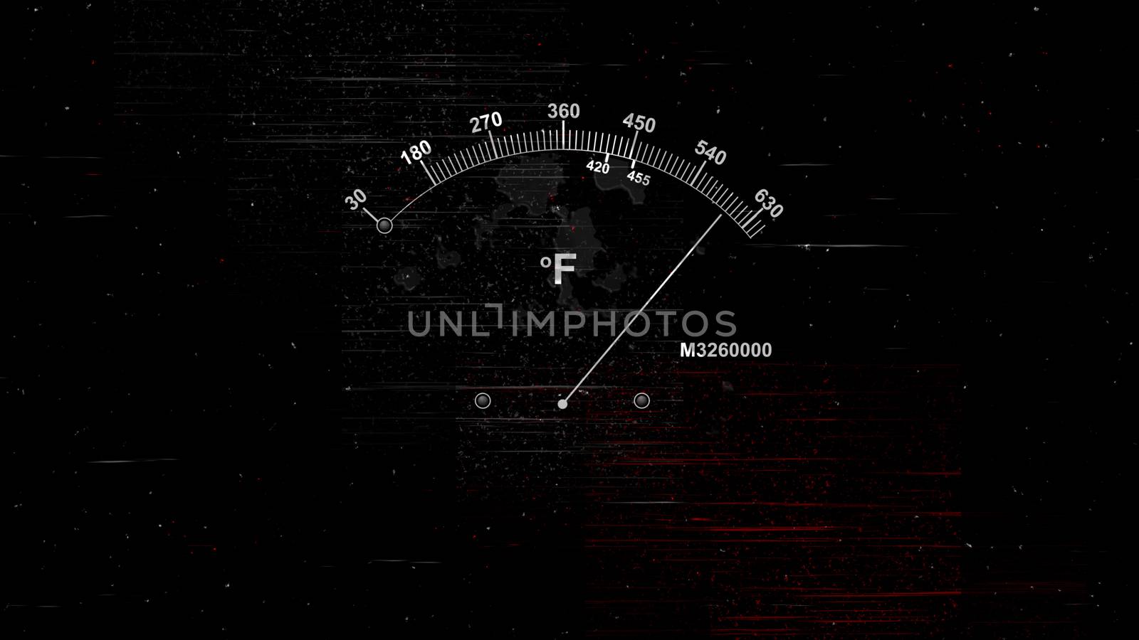 A retro 3d rendering of a temperature gauge with a white long arrow and two indicating white lines with high digits and Fahrenheit sign in the black background with red lines.