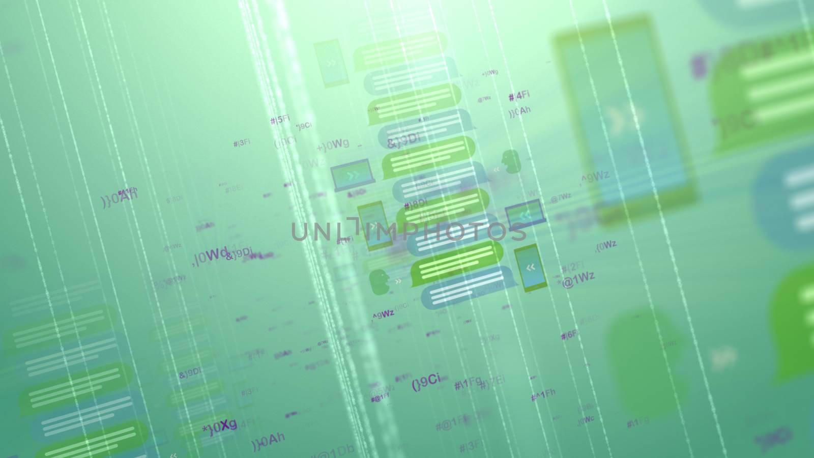 An impressive 3d illustration of cyber messages in the forms of screens and files with several lines stockpiled on each other in the grey-blue background. They are put aslant.