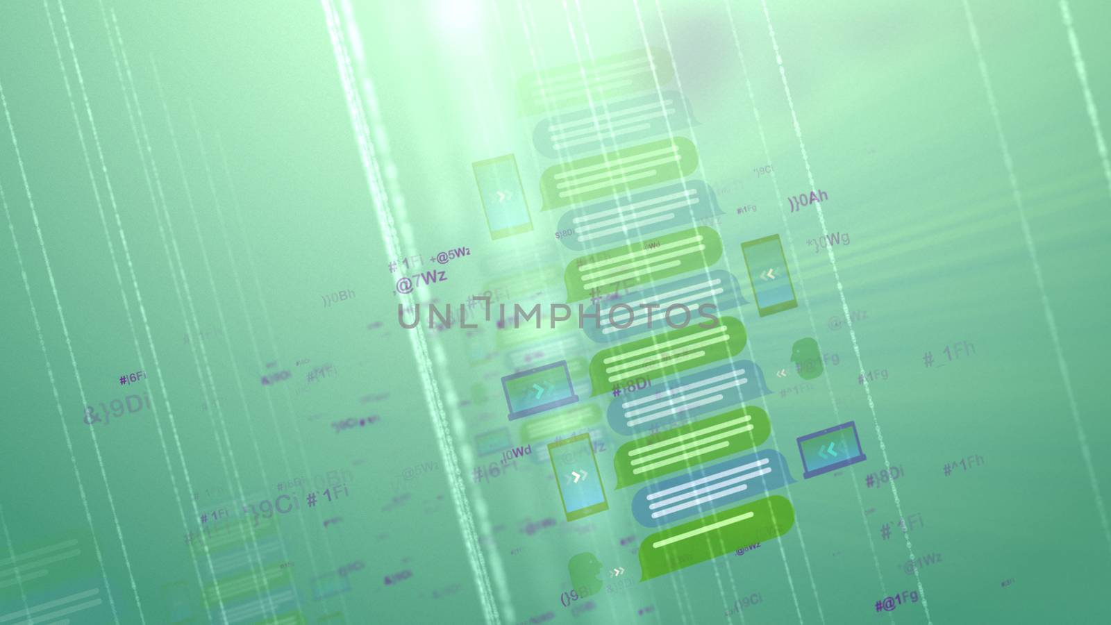 A stunning 3d rendering of a cyber map with messages looking like screens, digits and files with several lines stockpiled on each other in the grey-green background. 