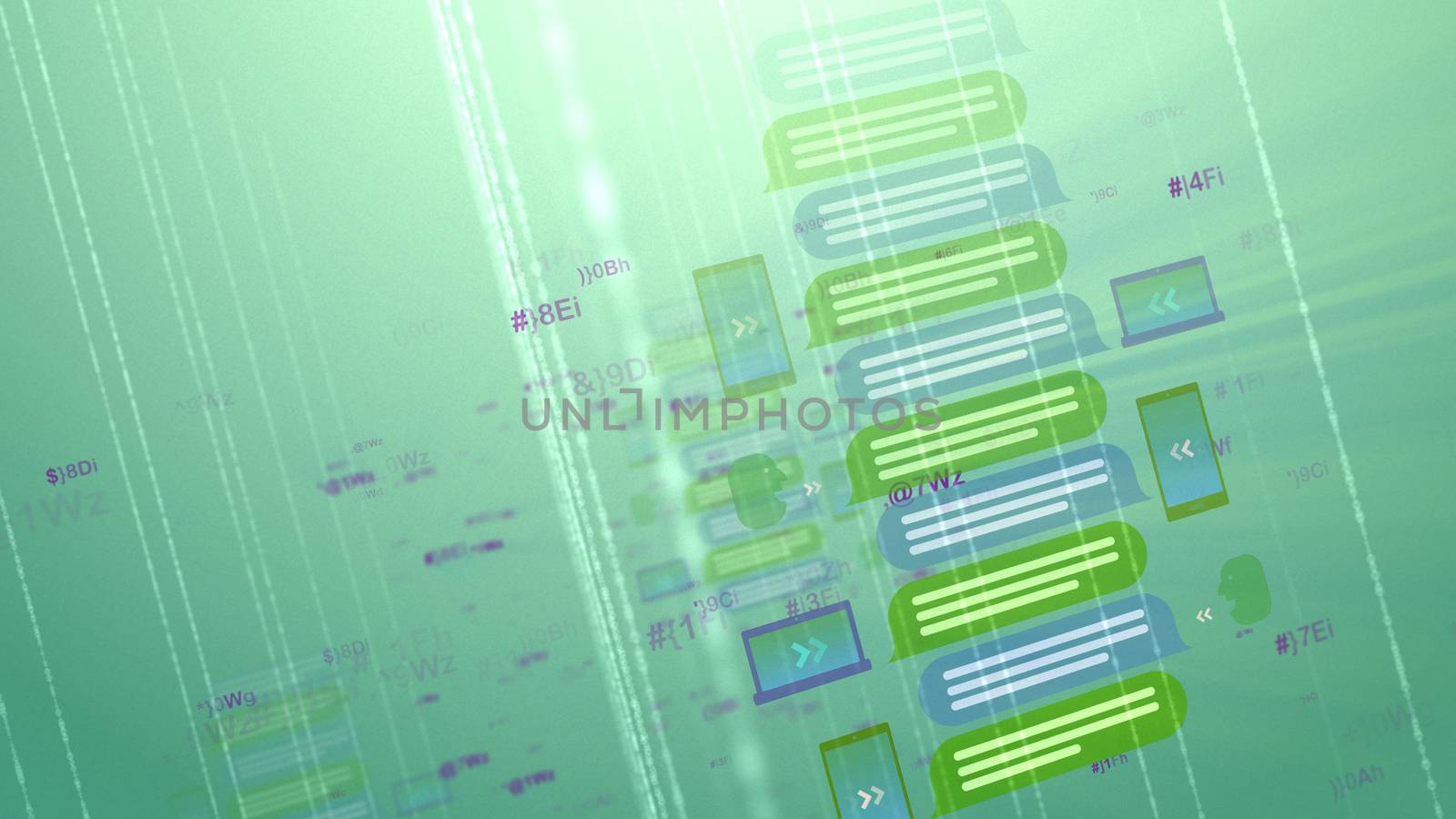 A splendid 3d illustration of a cyber map with messages looking like piles, screens, digits and violet signs in the grey-green background. The map with highways is placed askew.