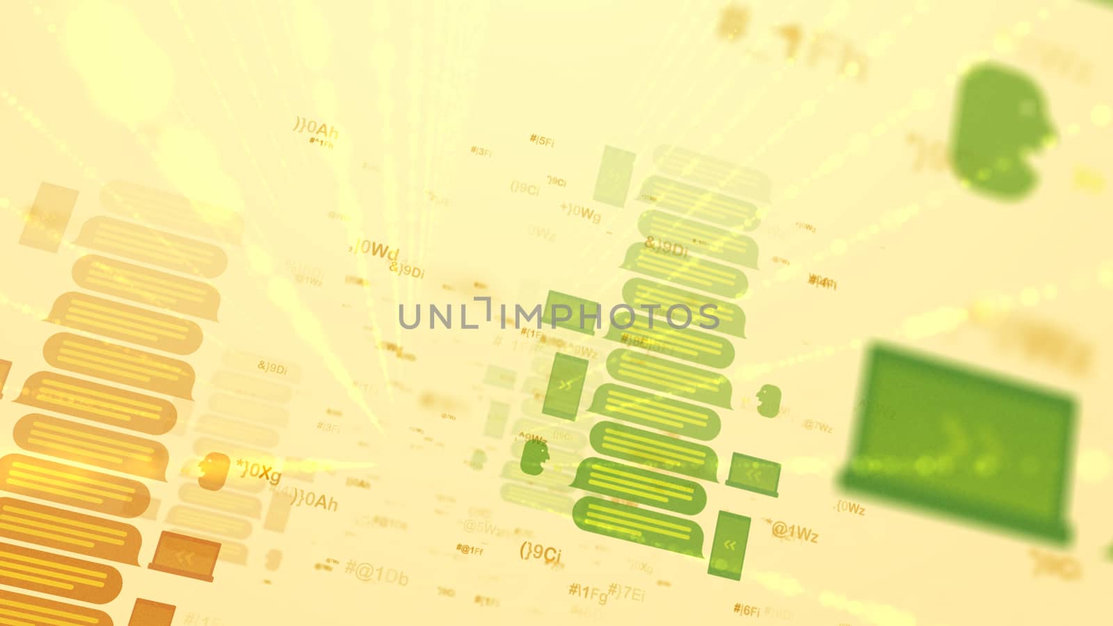 An innovative 3d illustration of yellow and green cyber messages in the forms of screens and files with several lines stockpiled on each other in the white background put aslant.