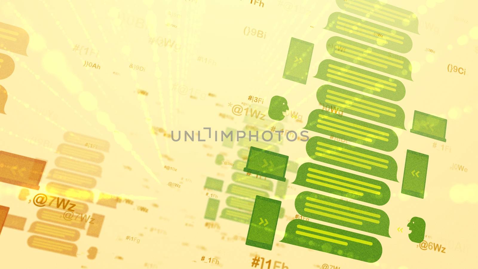 A volumetric 3d illustration of brown and green email messages in the forms of signs, symbols, files with three yellow stripes imposed on each other in the white backdrop put askew.
