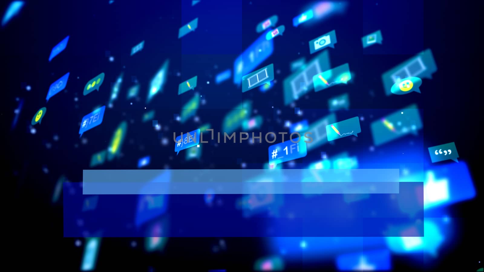 An impressive 3d rendering of flying social bubbles in the form of photos, texts, signs and symbols in the light blue background. Social networking is an important thing.