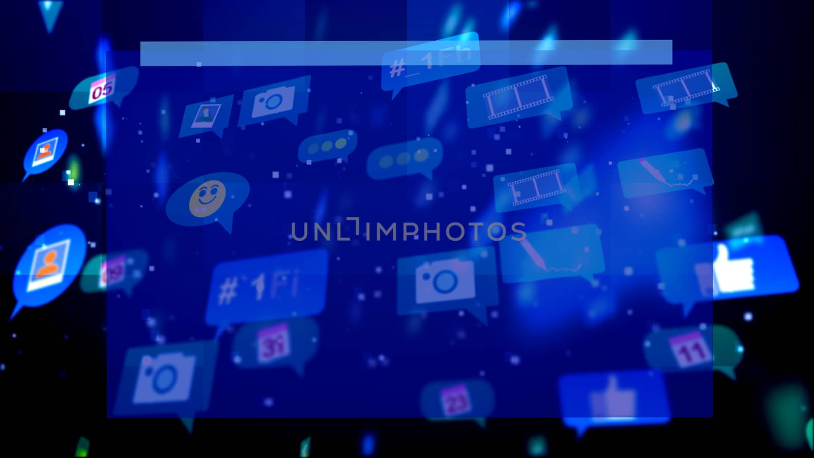 An optimistic 3d illustration of moving social bubbles in the form of photos, emoticons, texts, thumb ups, other signs in the light blue background. Social networking is funny.