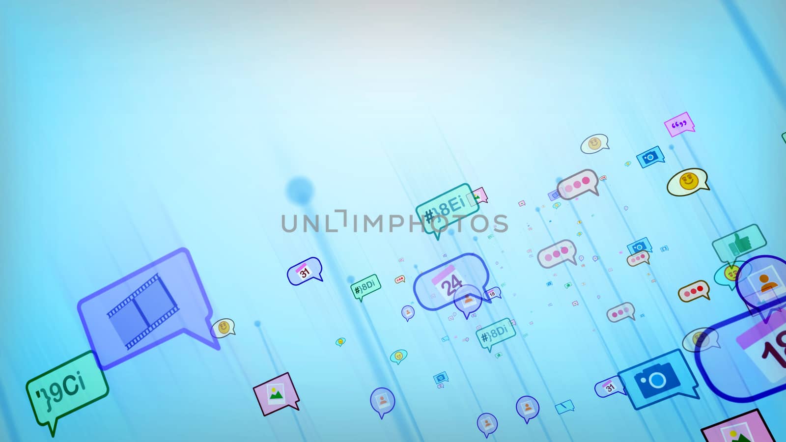 A jolly 3d rendering of advancing social bubbles in the form of photo, emoticon, smiley, thumb up, text, dates, dots, quotes in the celeste background. Social networking is optimistic.