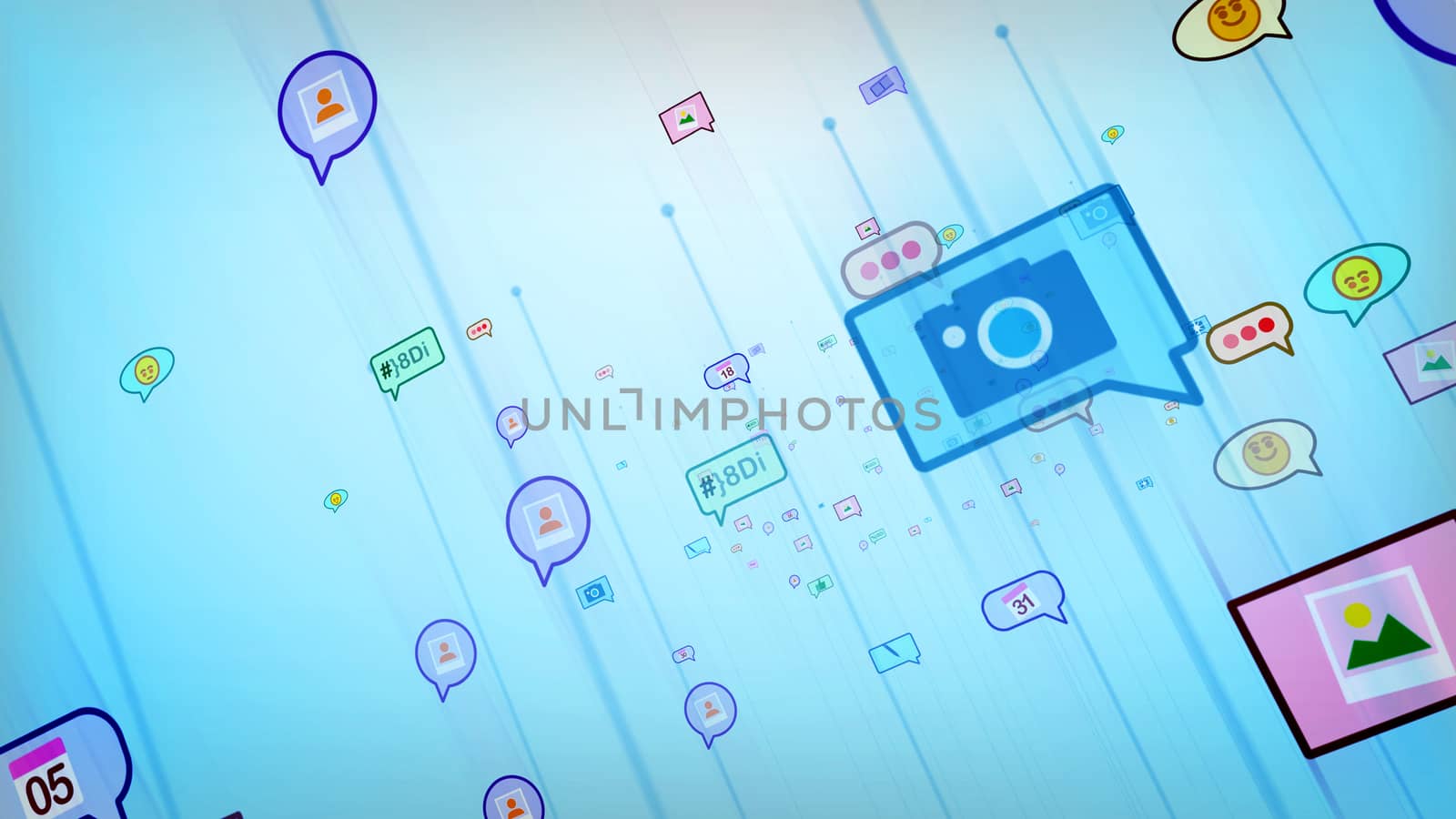 A joyful 3d illustration of flying multicolored social bubbles in the form of photo, emoticon, smiley, thumb up, dates, dots, quotes in the blue background. They are funny.