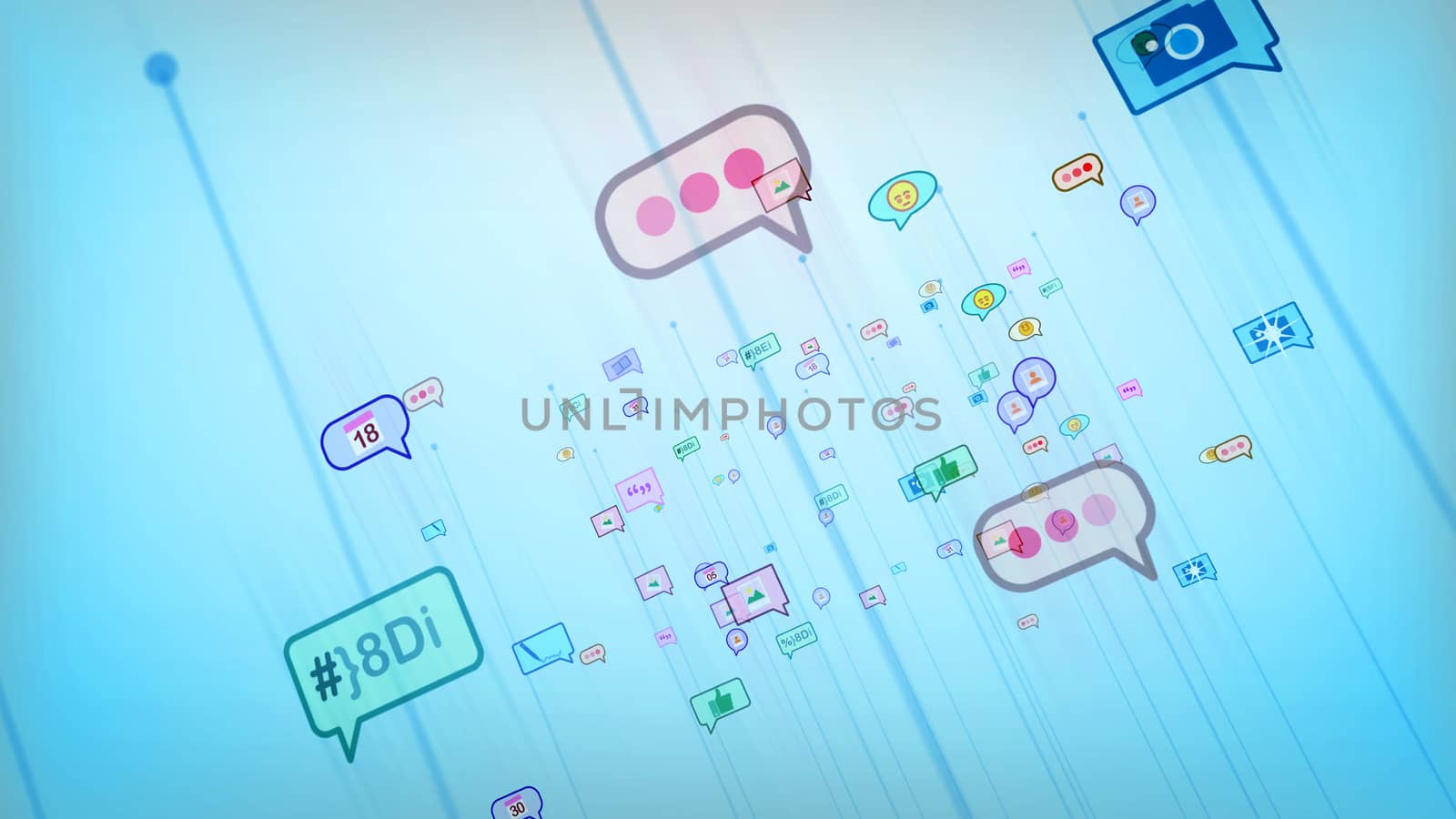 A cheery 3d illustration of soaring multicolored social bubbles in the form of photos, emoticons, thumb ups, dates, pens, dots, quotes in the celeste background. They are optimistic.