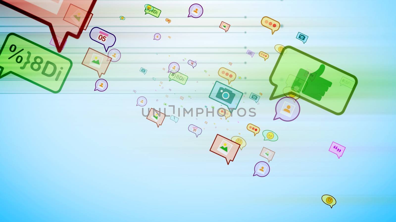 A cheerful 3d illustration of cyberspace colorful social bubbles in the form of photos, emoticons, thumb ups, dates, pens, dots, flying diagonally in the cyan background. 