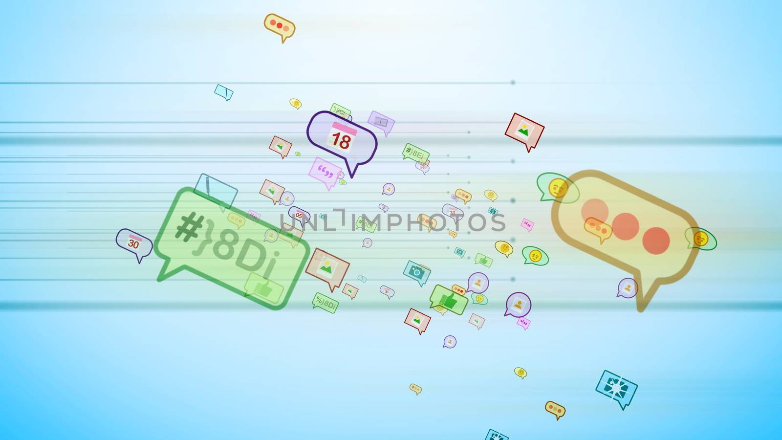 A positive 3d illustration of big and small colorful social bubbles in the form of pictures, emoticons, thumb ups, dates, quotes, flying askew in the cyan net background 