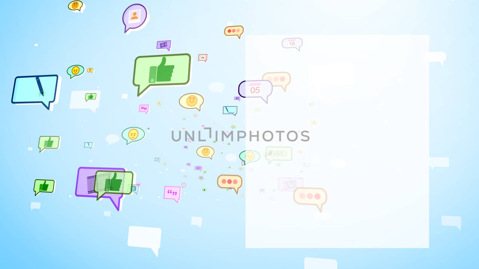 A cheerful 3d illustration of big and small multicolored social bubbles with tapes, images, emoticons, thumb ups, dates, spots, flying up in the celeste and white backdrop. 