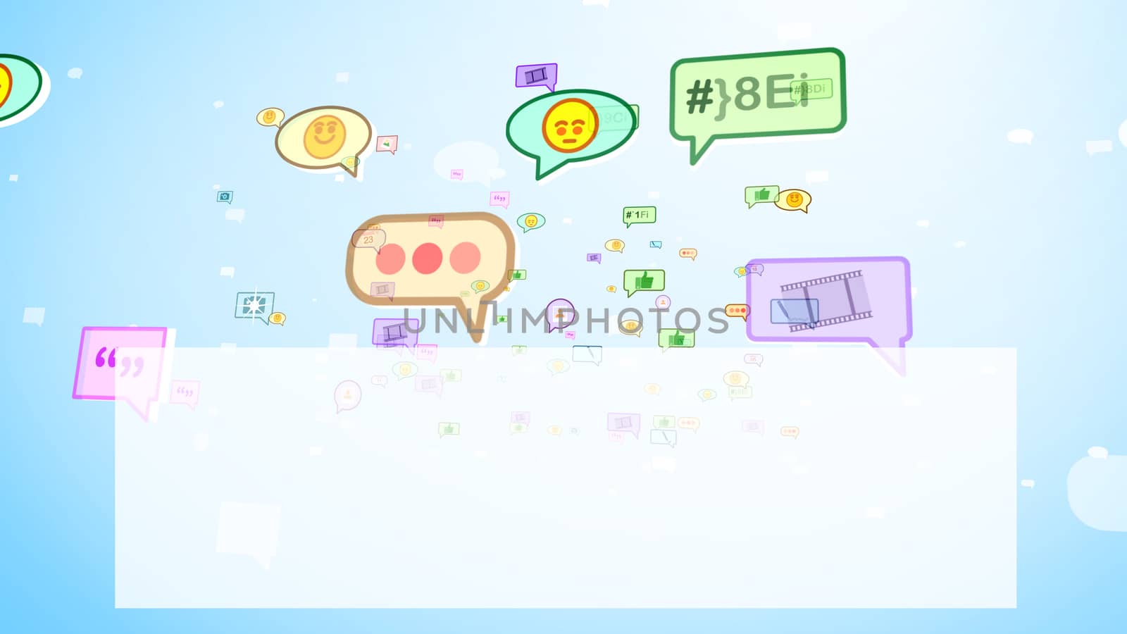 A jolly 3d illustration of big and small yellow, red and green social bubbles with tapes, images, emoticons, thumb ups, pens, spots, moving up in the blue and white background. 