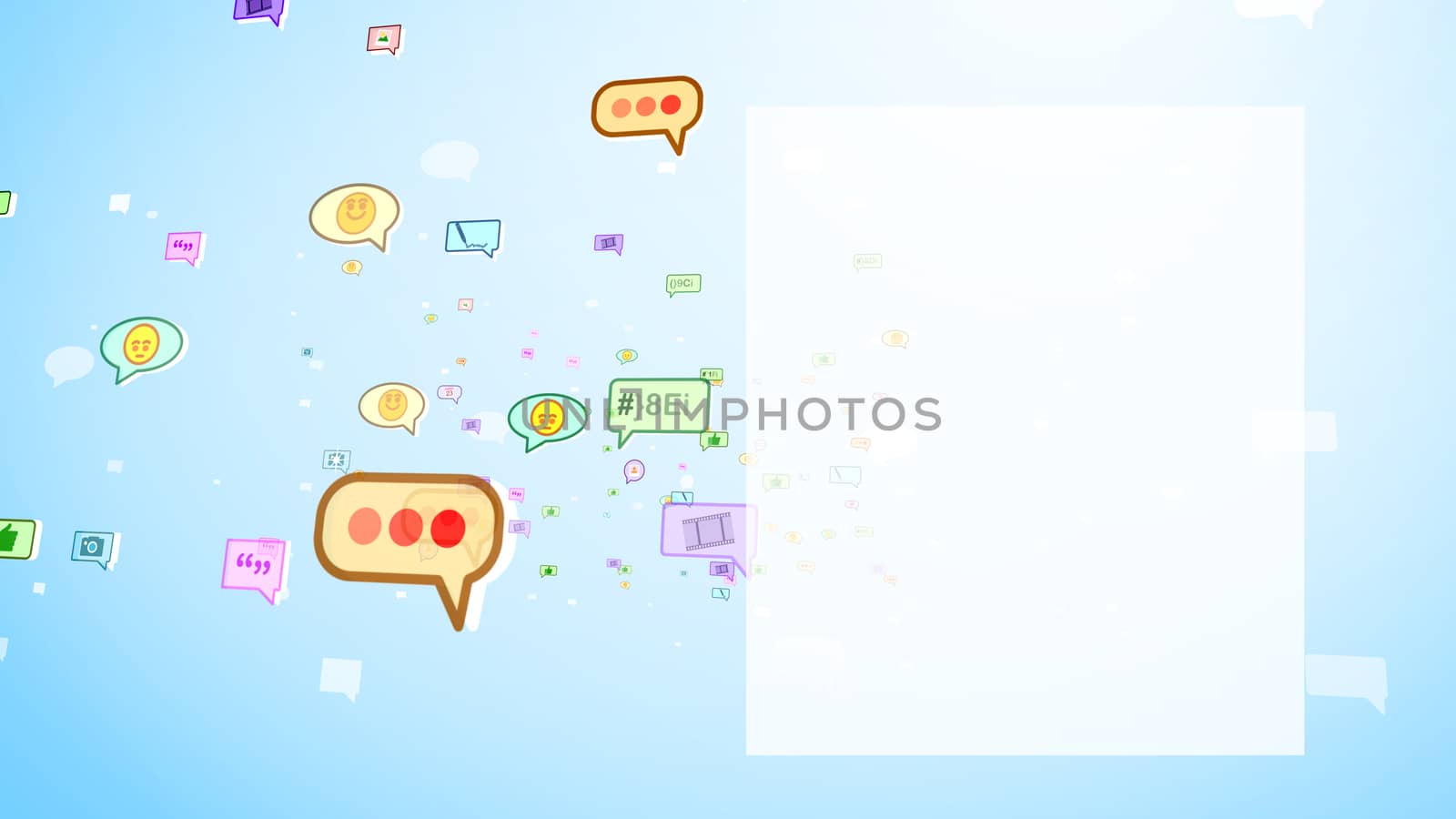 A joyful 3d rendering of big and small yellow, red and green social bubbles with tapes, images, emoticons, thumb ups, dates, spots, flying up in the blue and white background. 