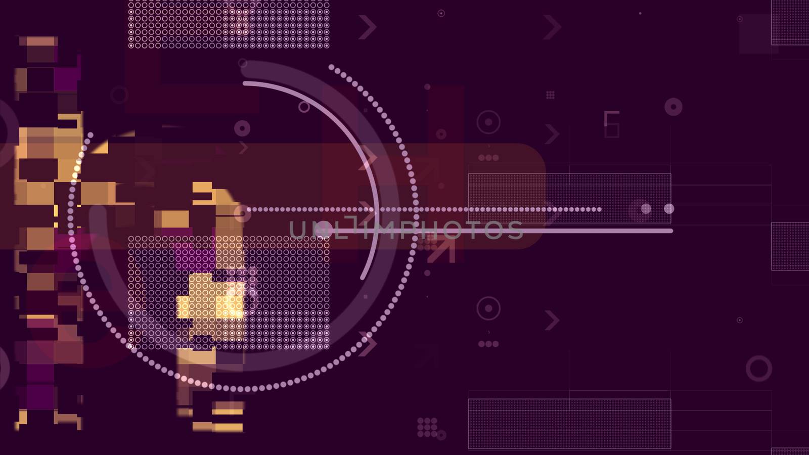 A robotic 3d rendering of golden and yellow technological cubes forming some round sphere and the rigid lattice of white dots in the dark violet background.
