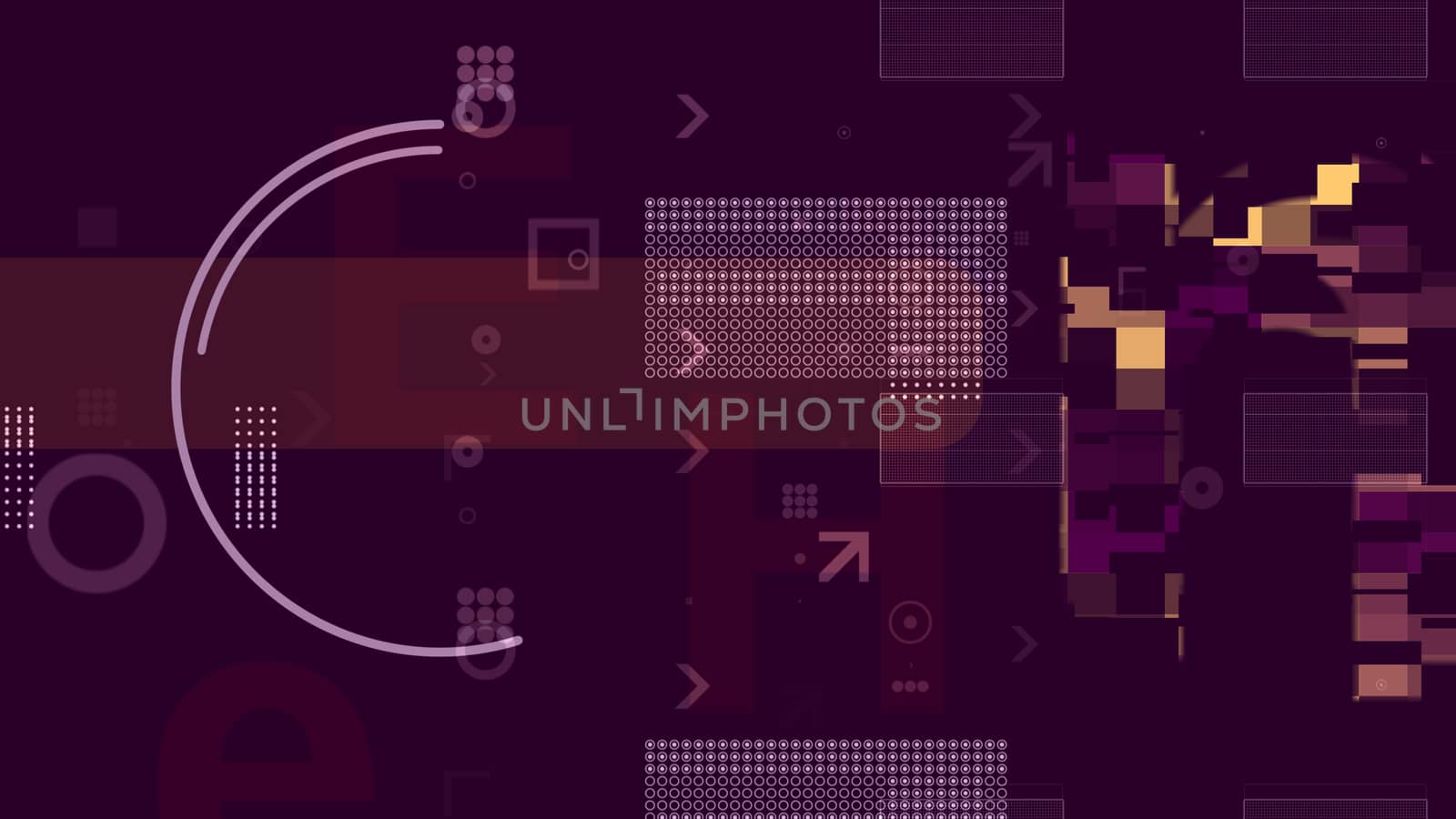 A pop art 3d rendering of colorful technological squares, circles and arrows composing some structures and the wide purple stripe in the dark violet background.