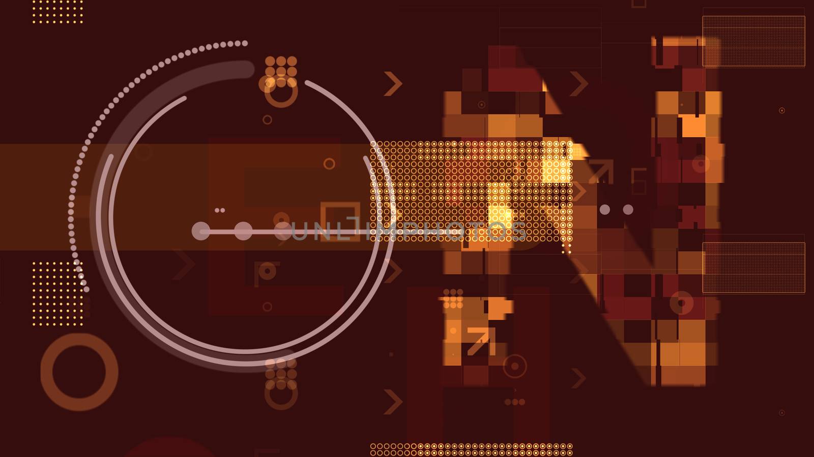 A volumetric 3d illustration of golden technological squares, rectangles, stripes, circles and arrows composing some structures and grids in the dark brown background.