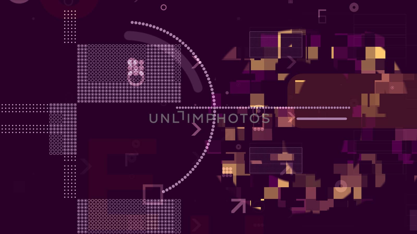 A multidimensional 3d rendering of golden and white technological squares, rectangles, stripes, circles and arrows composing some processor grids in the dark violet background.