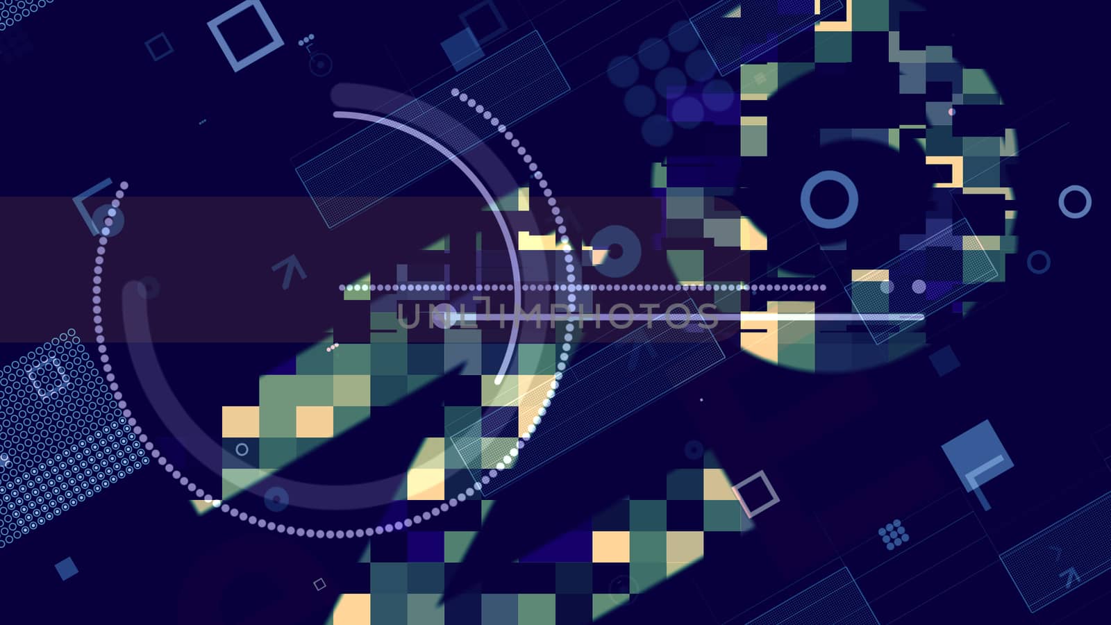 An impressive 3d rendering of blue, white and golden technological squares, rectangles, discs, stripes, circles and staircases forming some techno network in the dark blue backdrop.