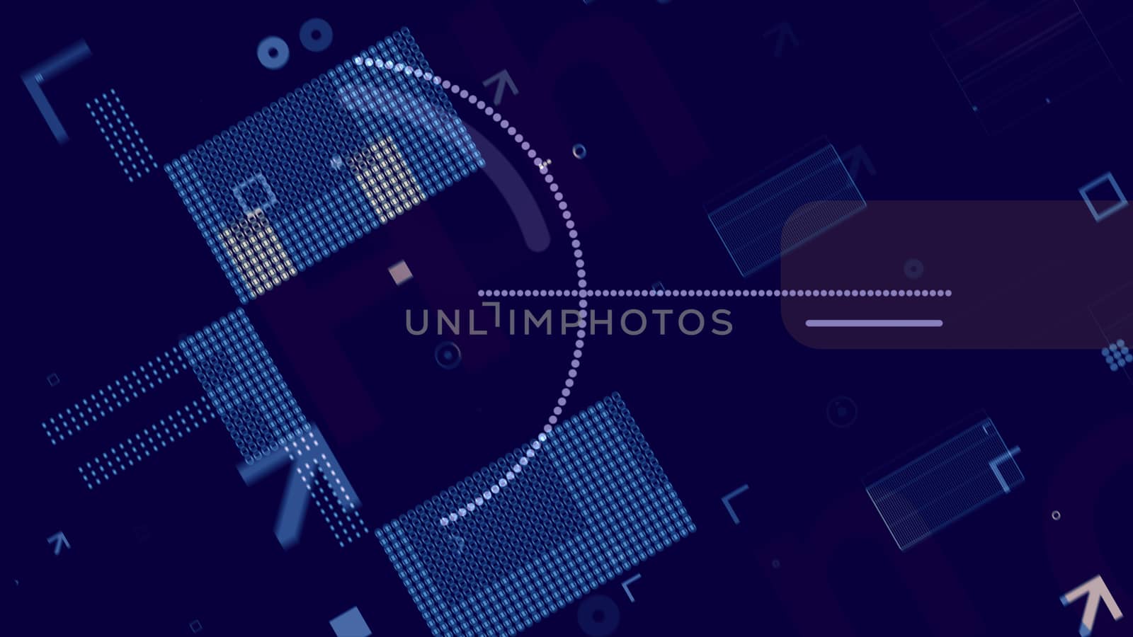 A stunning 3d rendering of blue and white techno squares, rectangles, dots, corners, circles and spots forming some modern processor placed askew in the blue backdrop.