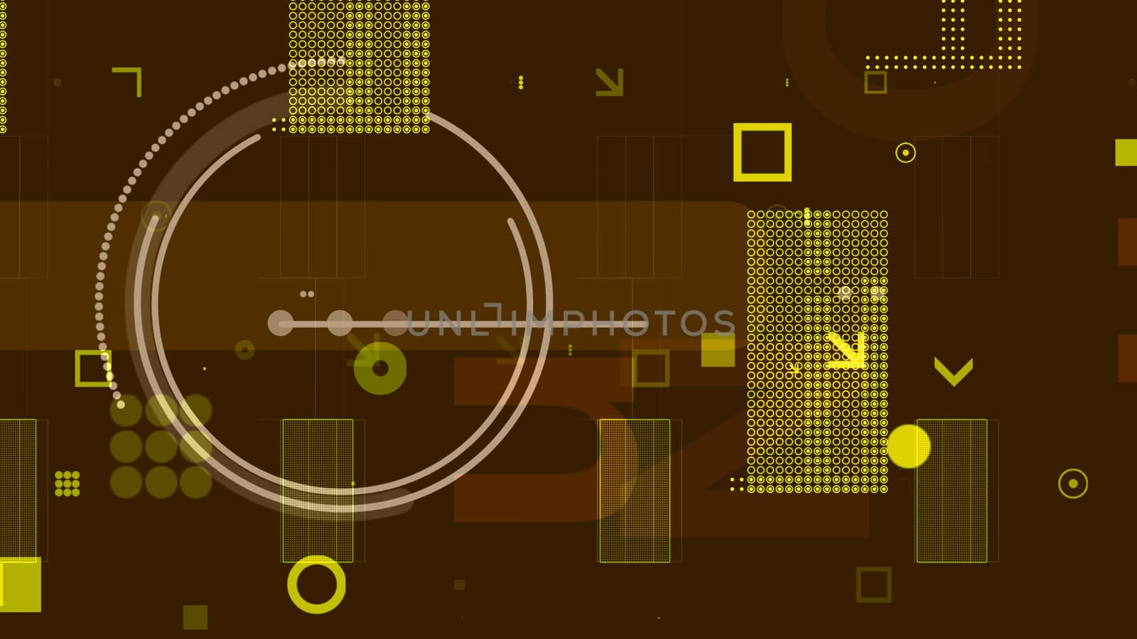 An exciting 3d rendering of yellow and white techno spheres, squares, rectangles, dots, arrows, and grids forming some electronic conductor in the khaki background.