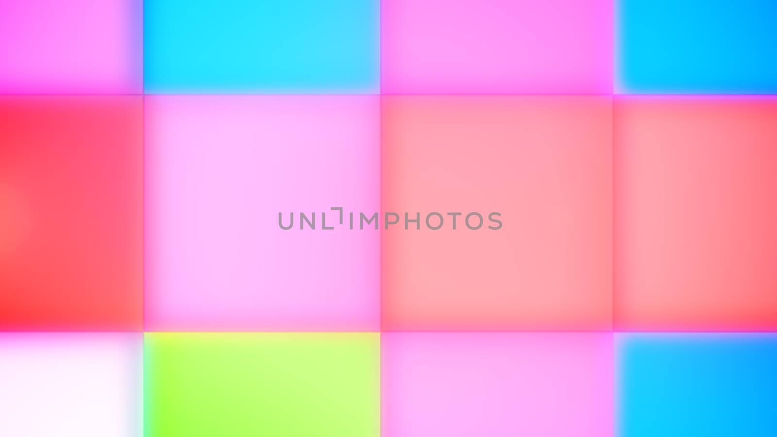 A cheery 3d rendering of green, blue, white, pink, and yellow led square buttons making an optimistic background for a celebratory event. Optimistic mood starts reigning! 