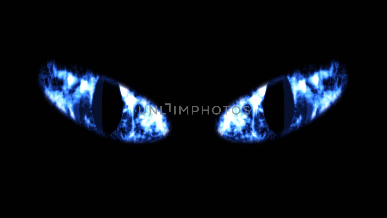 A striking 3d rendering of slanting blue cat`s eyes in the black background. They shine enigmatically and in a scary way. Halloween is approaching!