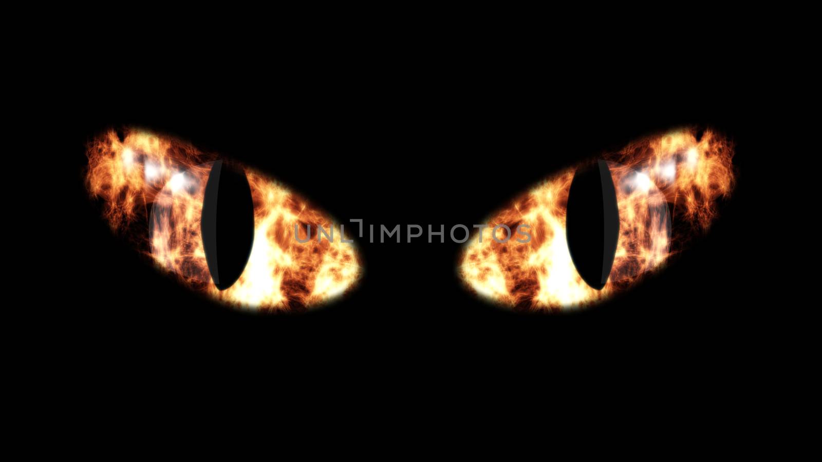 A breathtaking 3d rendering of wide white and orange cat`s eyes in the black backdrop. They shimmer mysteriously and in a frightening way. Halloween is going on!