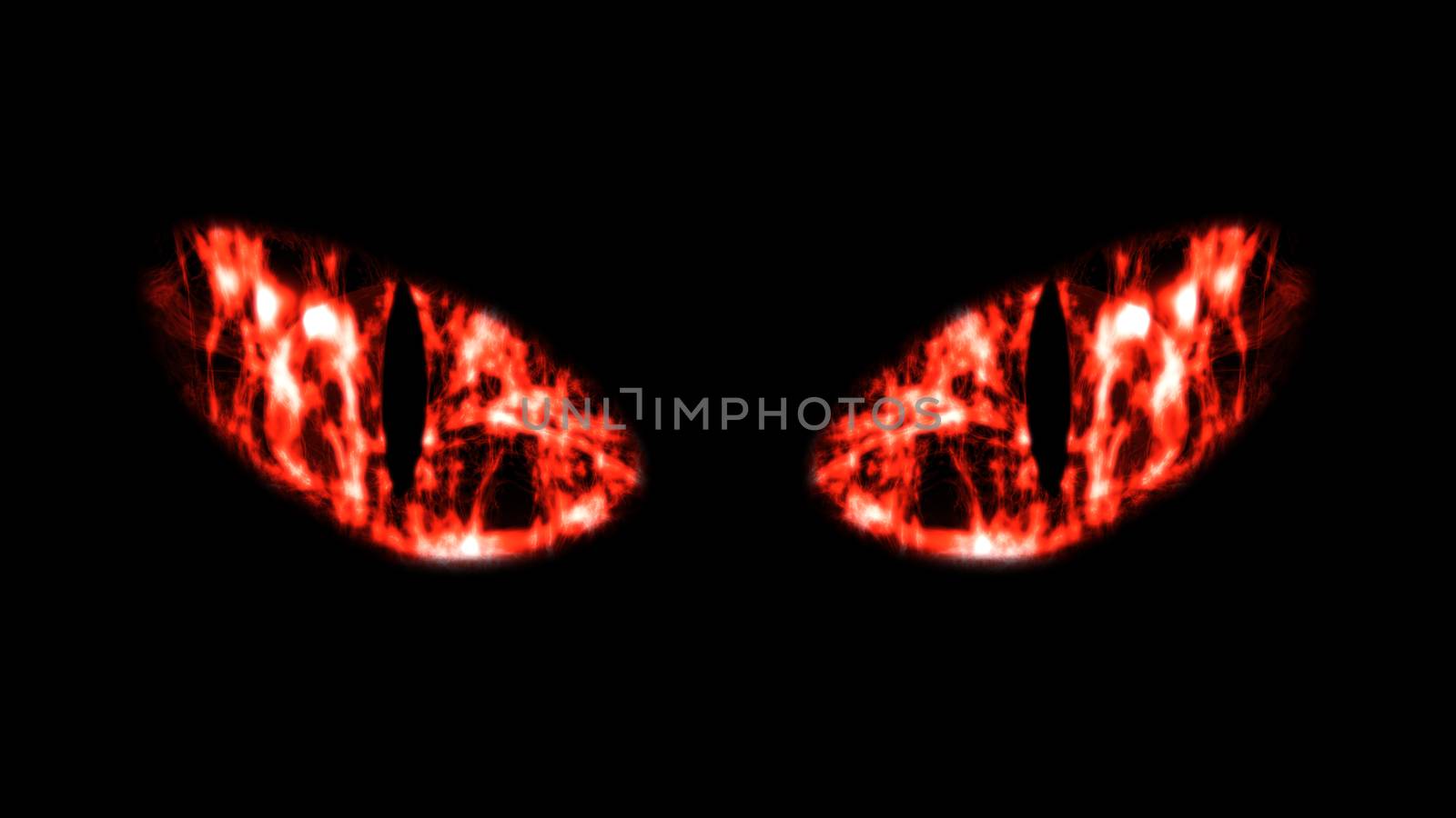 A frightening 3d illustration of wide white and scarlet cat`s eyes in the black backdrop. The eyes of a predator shine scary and frightening. It is time to celebrate Halloween!