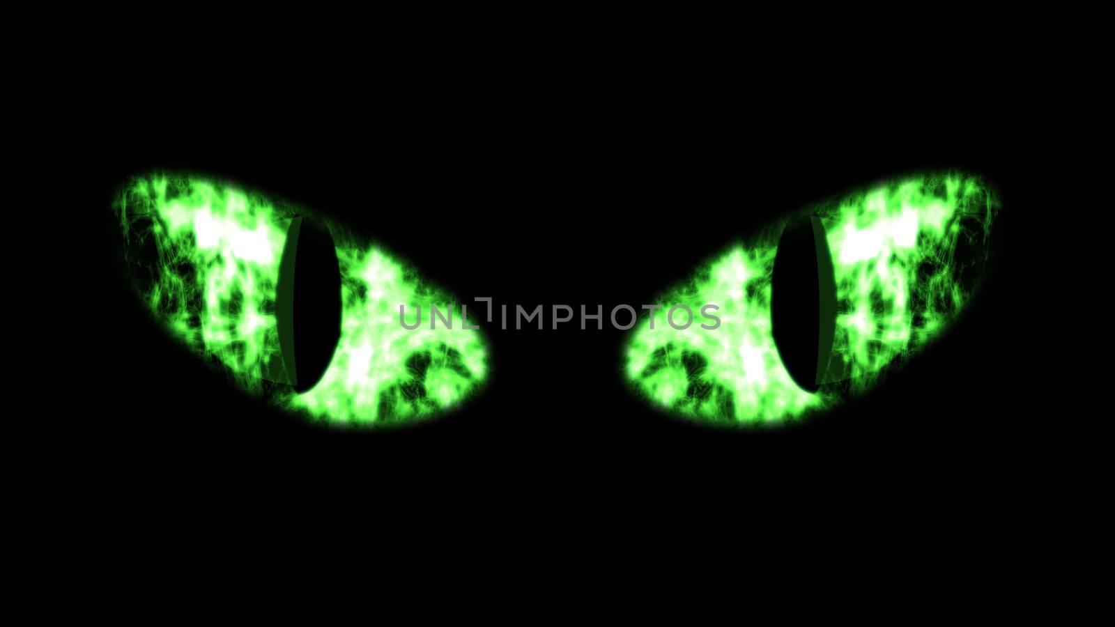 A terrifying 3d rendering of wide white and green cat`s eyes in the black background. The eyes of a predator shine creepy and sinister. It is high time to celebrate Halloween!