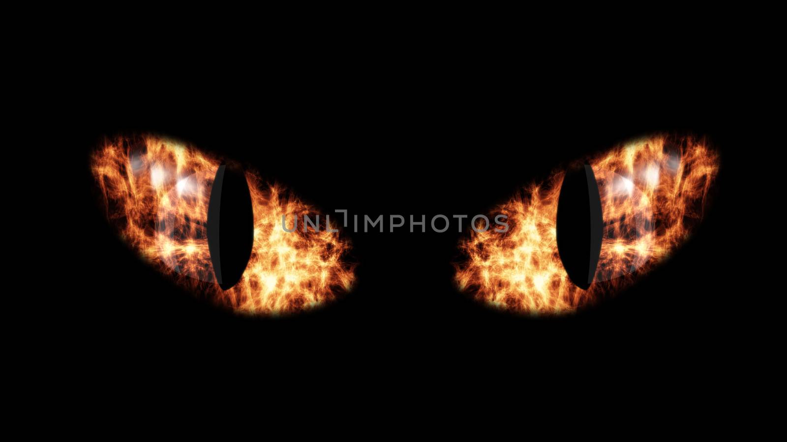 A creepy 3d illustration of furious white and orange cat`s eyes in the black backdrop. The eyes of a predator sparkle with wild rage and fury. Halloween is going on!