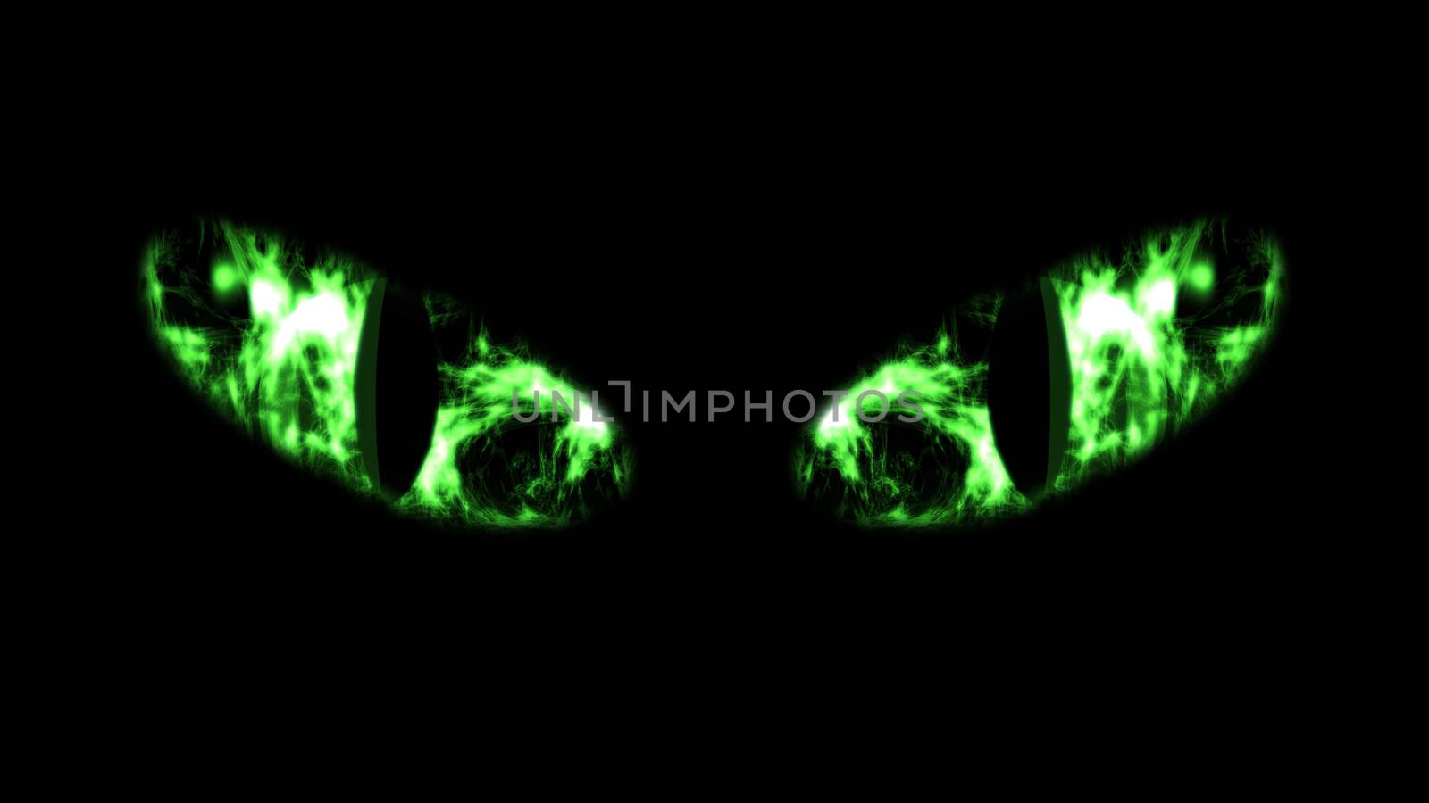 A spine-chilling 3d rendering of slanting oval white and green cat`s eyes in the black backdrop. The eyes of a predator shine sinister and ominous. Halloween is waiting for us!