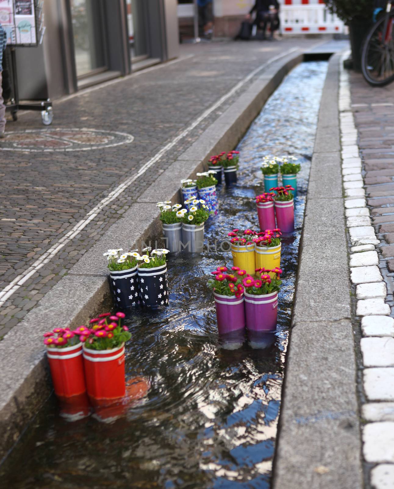 Rubber boots in the water with flowers in the city of Freiburg. Tourist attraction. by sermax55