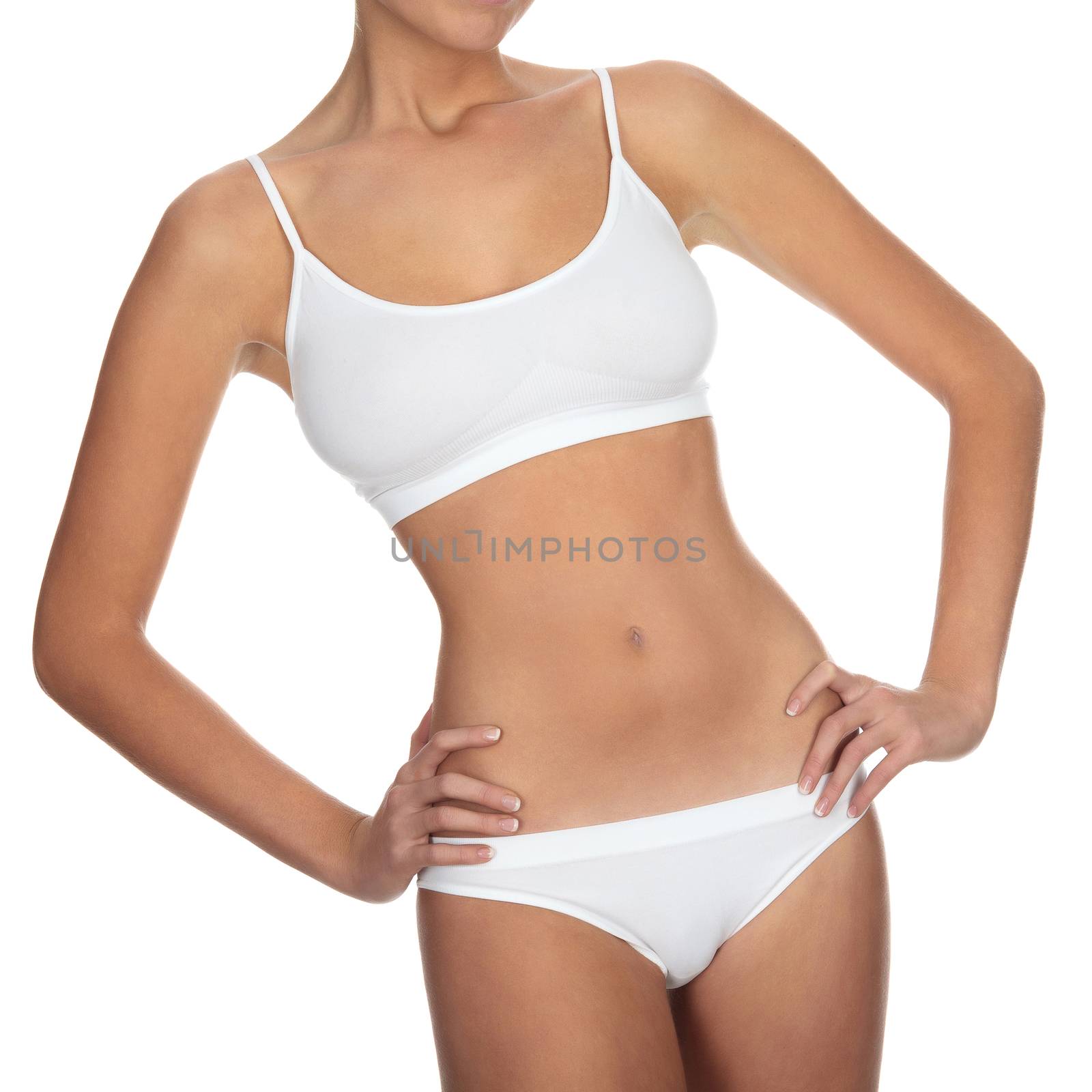 Closeup shot of slim female body against a white background, isolated