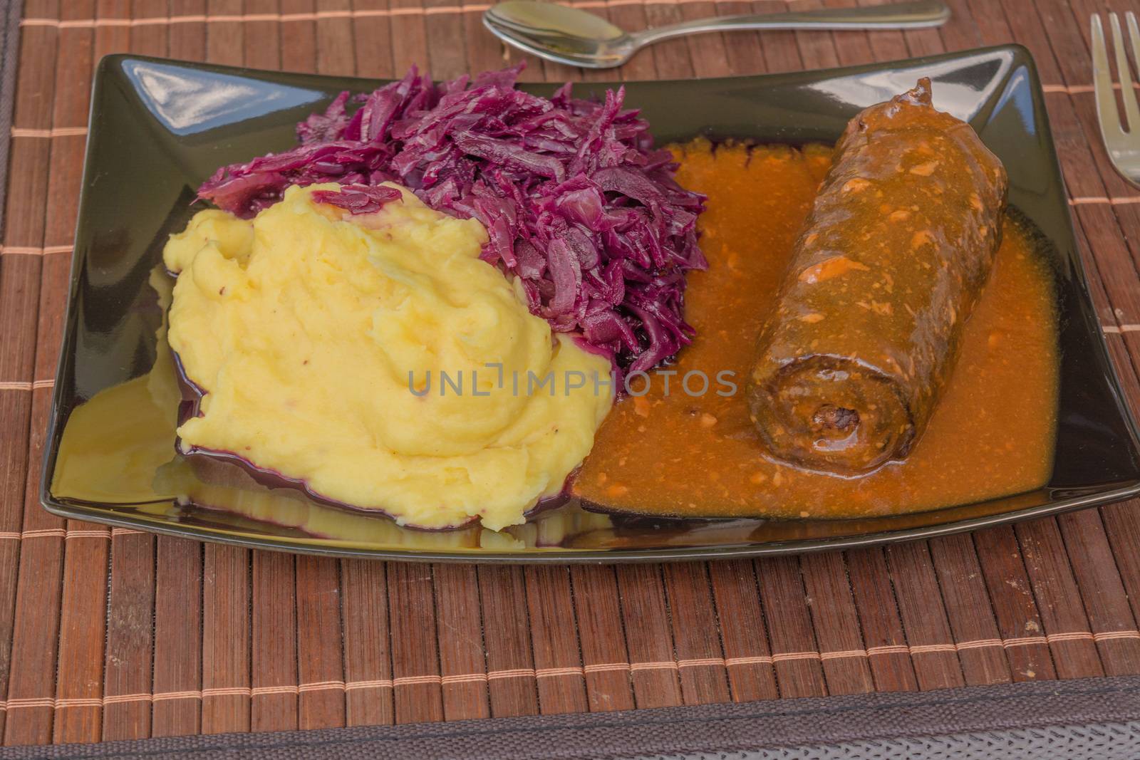 Beef roulade with red cabbage and mashed potatoes
