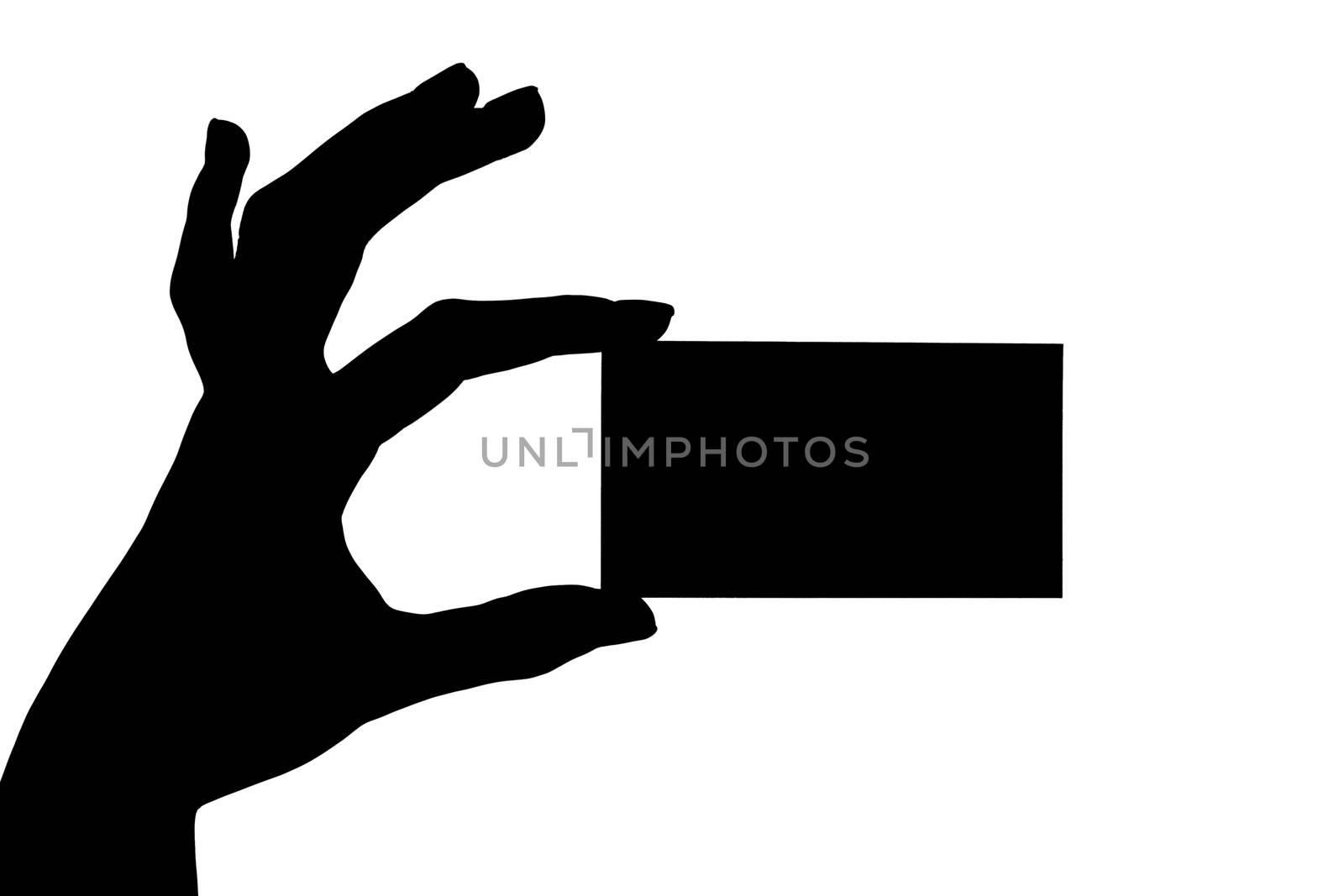 Silhouette of female hand holding a blank paper card isolated on white background