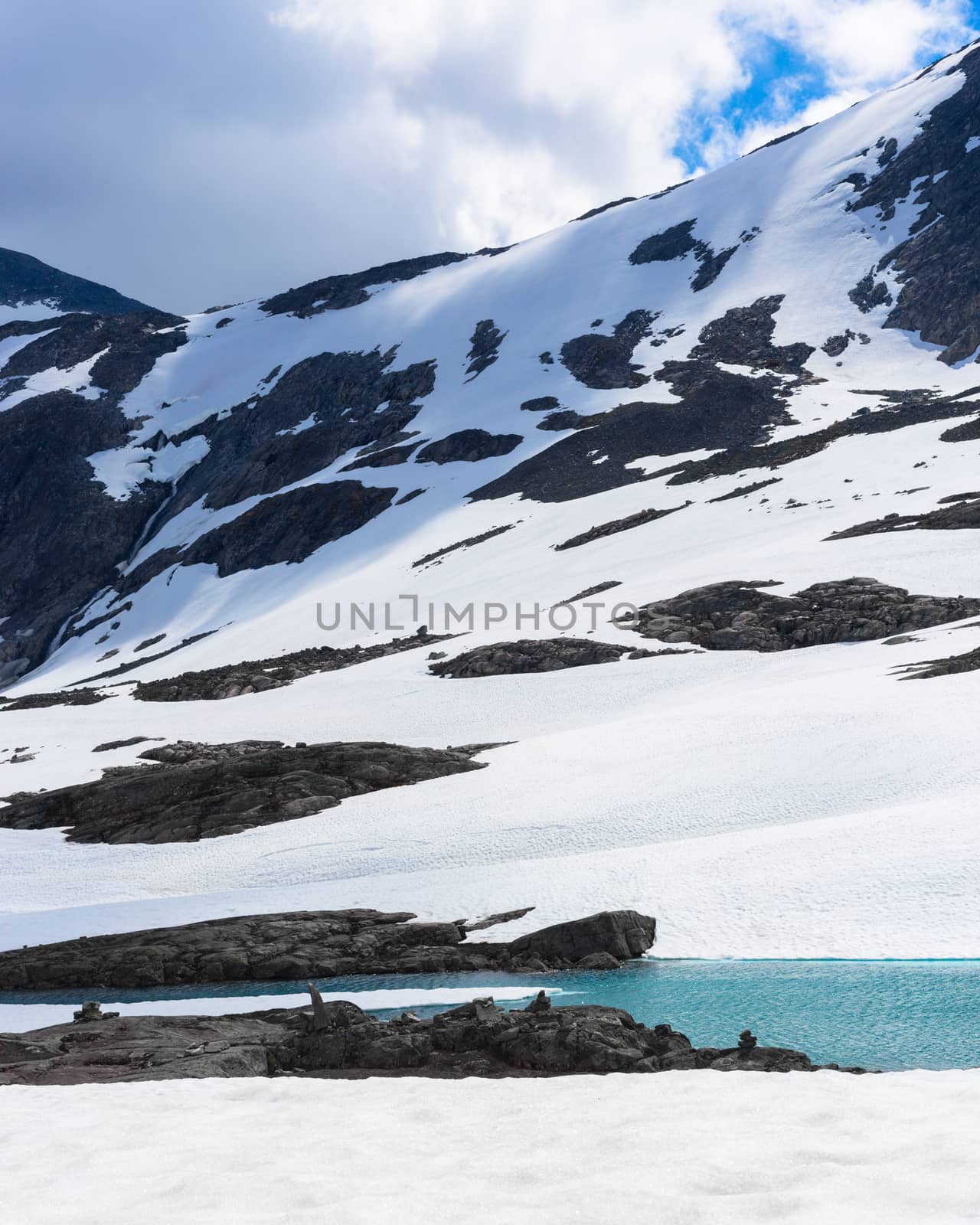 Snow, ice, glacier water and mountain top in summer in Norway