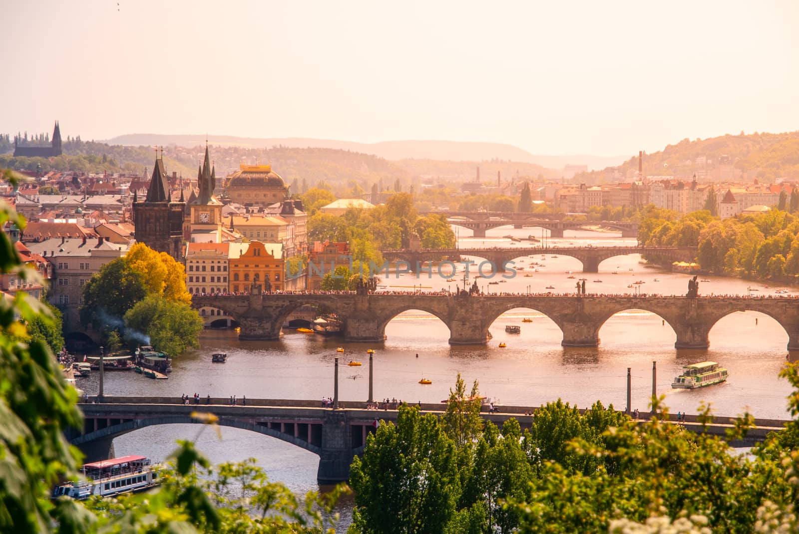 Bridges of Prague over Vltava River on sunny summer day. Scenic view from Letna. Prague, Czech Republic.