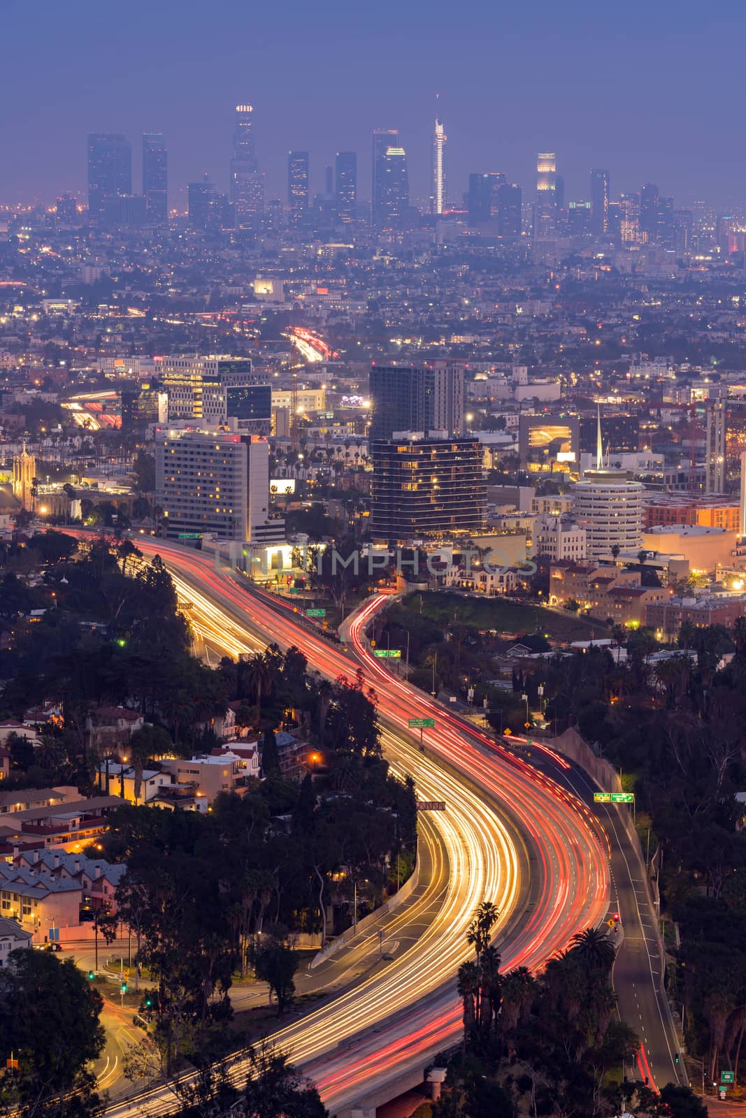 Aerial Los Angeles Cityscape Sunset, LA California, USA
