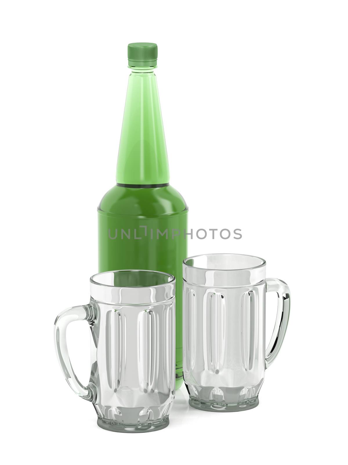 Big plastic beer bottle and two empty mugs on white background