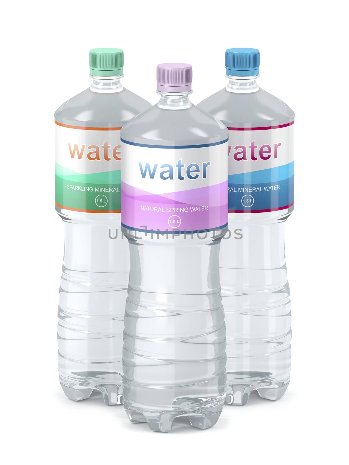 Different types of bottled water, 3D illustration