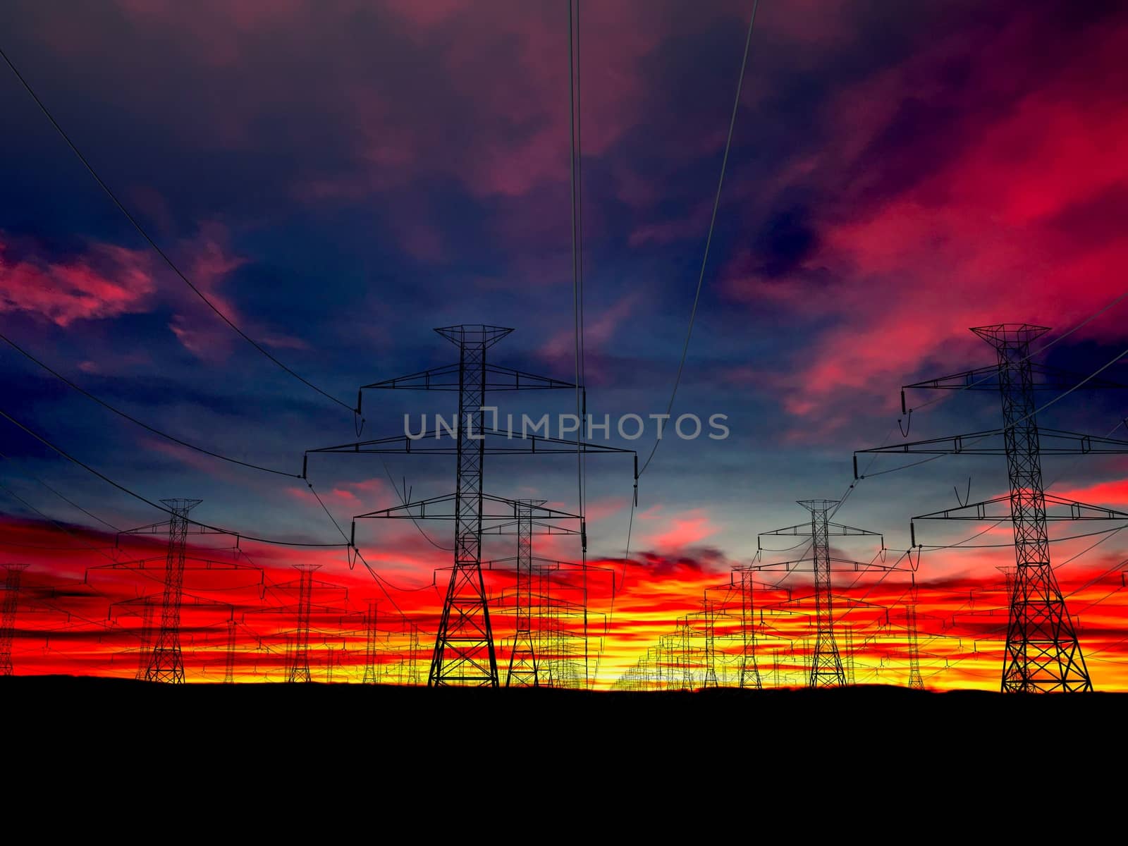 Power Lines Field on a sunset background by F1b0nacci
