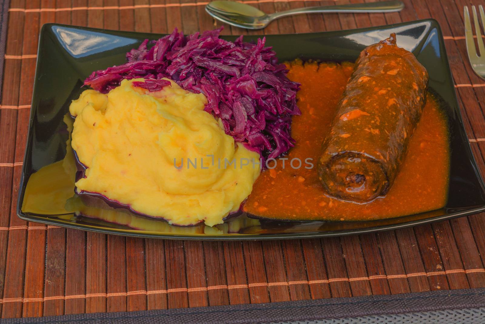 Beef roulade with red cabbage and mashed potatoes